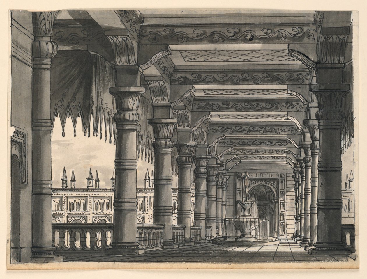 Diseño de Escenario, Logia con Fuente en un Palacio Oriental de Romolo Achille Liverani