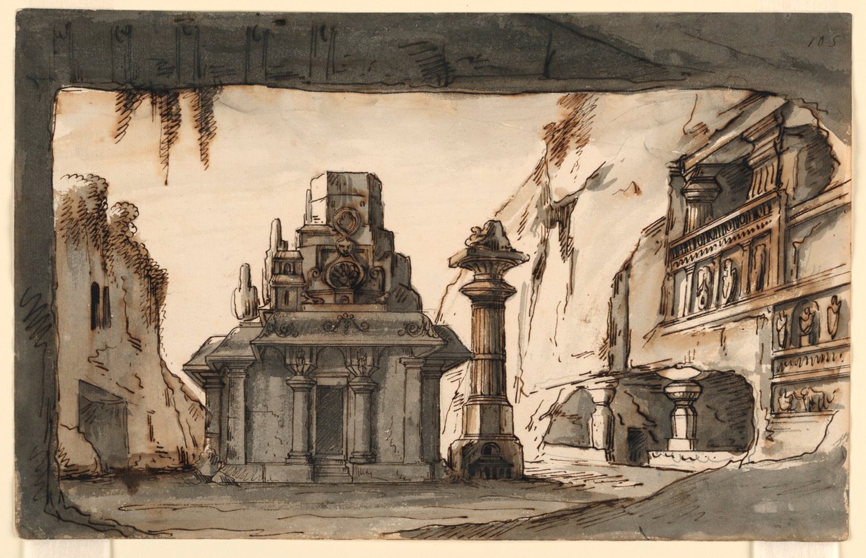 Diseño de escenario, edificios orientales entre cuevas y rocas de Romolo Achille Liverani