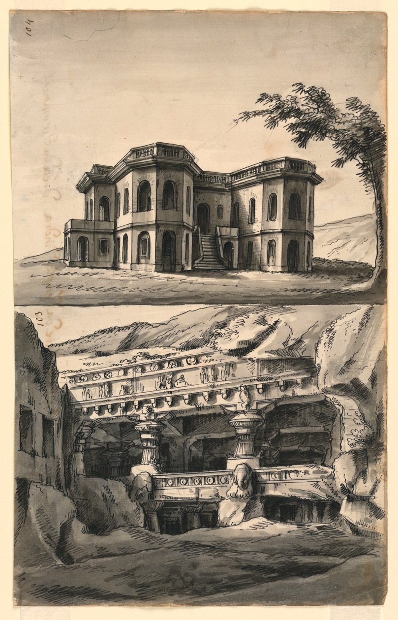 Diseños de escenario, castillo en paisaje y templos y cuevas de Romolo Achille Liverani