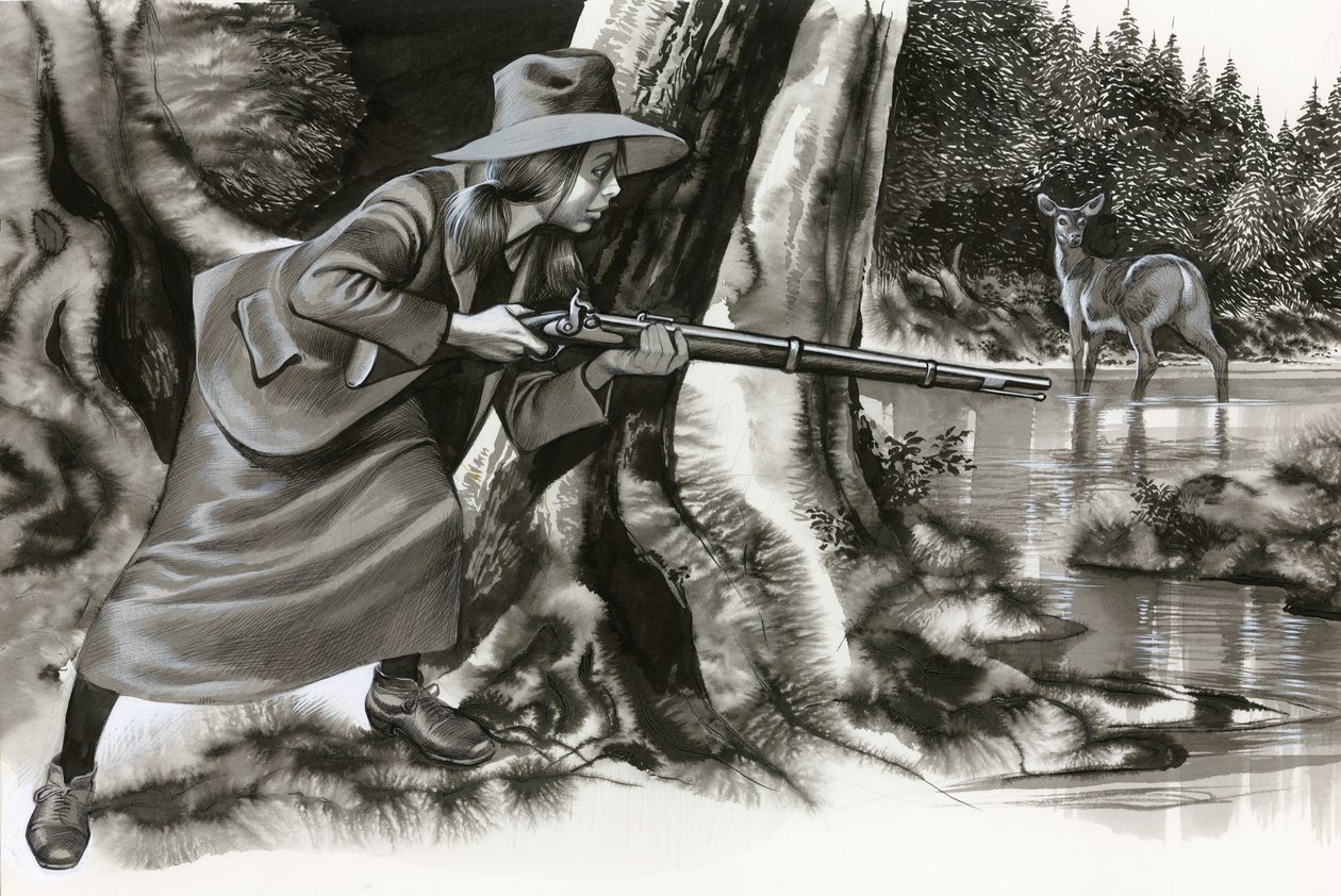 Annie Oakley disparando a un ciervo de Ron Embleton