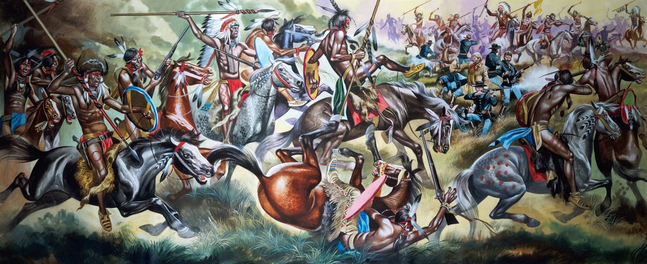 Batalla entre indios americanos y soldados (gouache sobre papel) de Ron Embleton