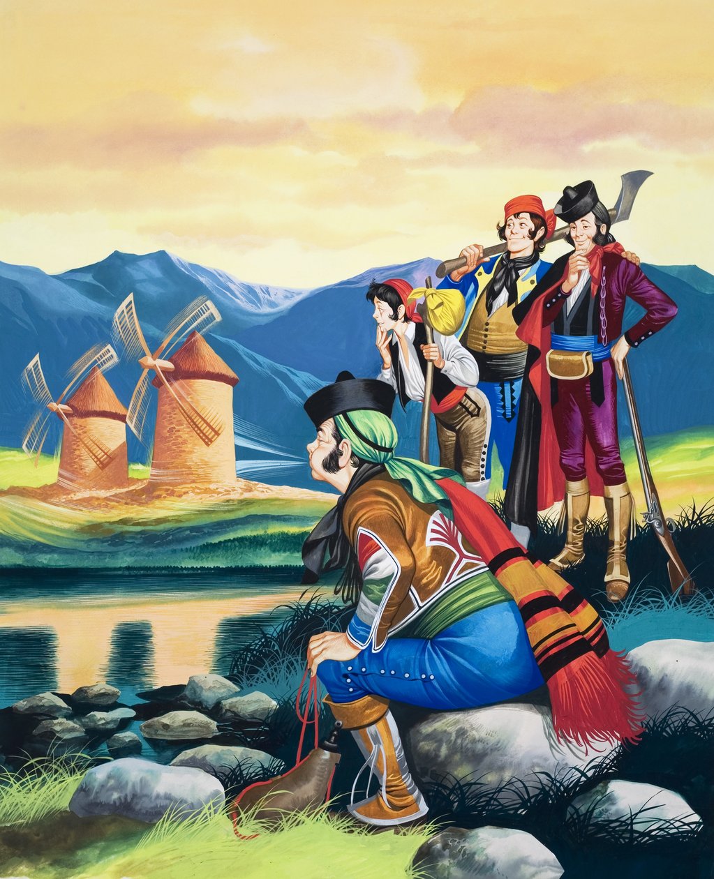 Soplar las velas del molino, ilustración de "Miguel y los hombres poderosos" (gouache sobre papel) de Ron Embleton