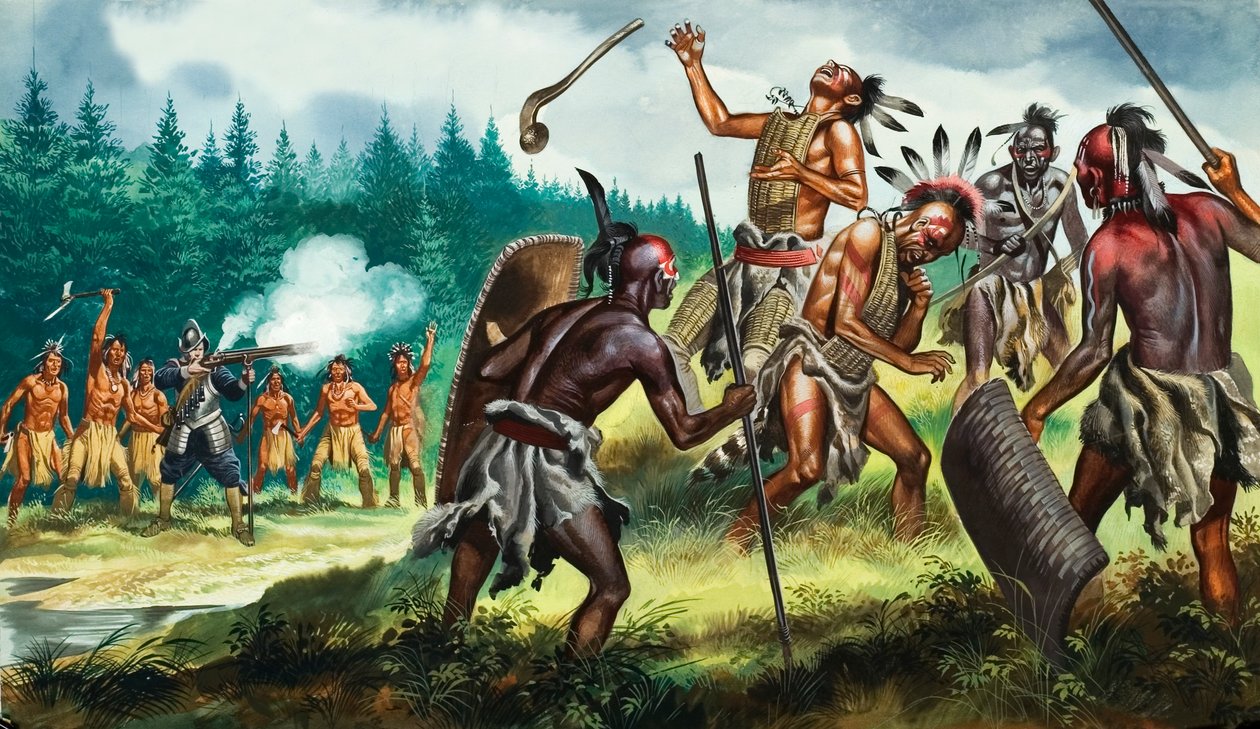 Colonias inglesas luchando contra la Confederación Iroquesa, siglo XX (gouache sobre papel) de Ron Embleton