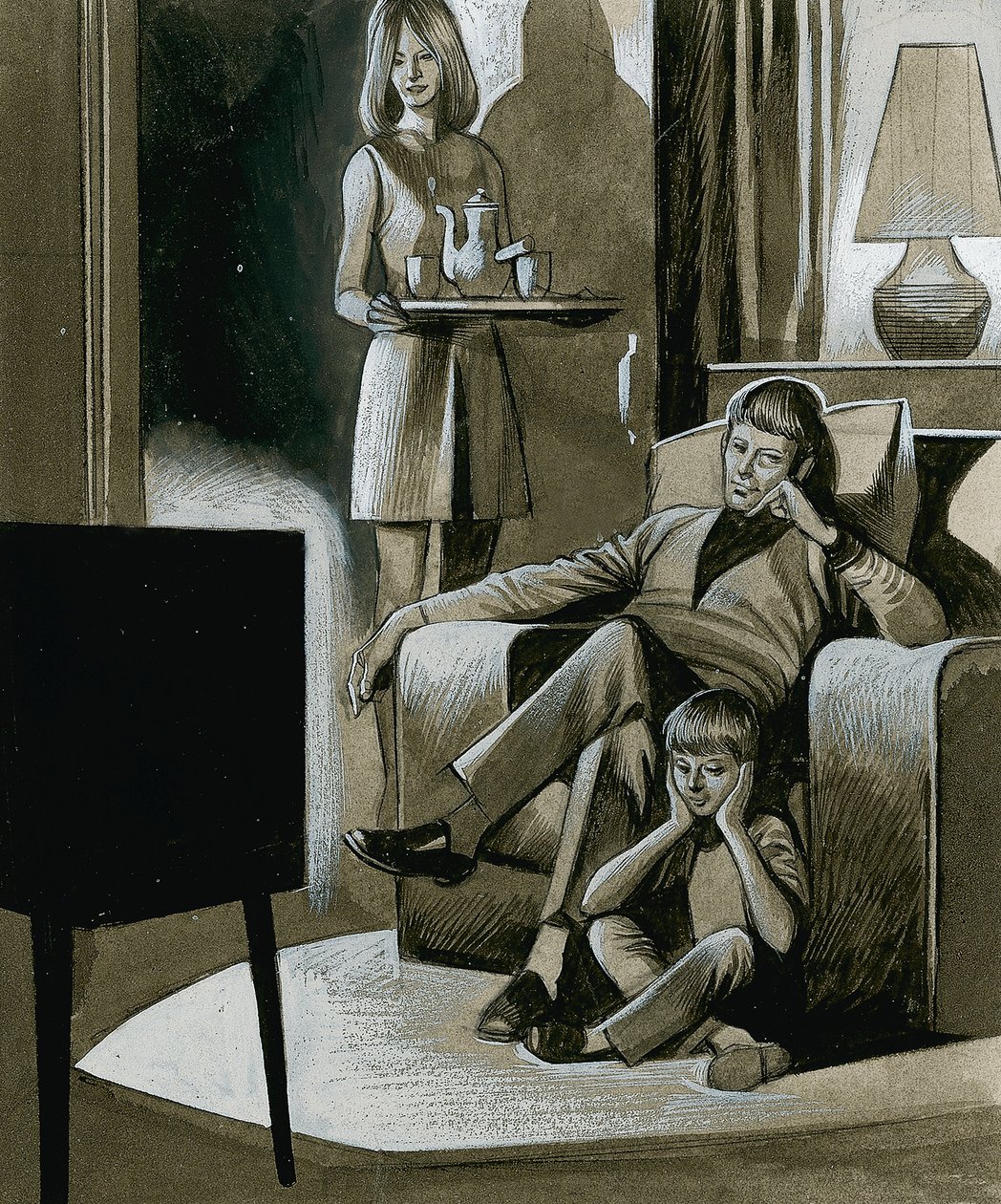 Una familia viendo la televisión en blanco y negro en los años 60 de Ron Embleton