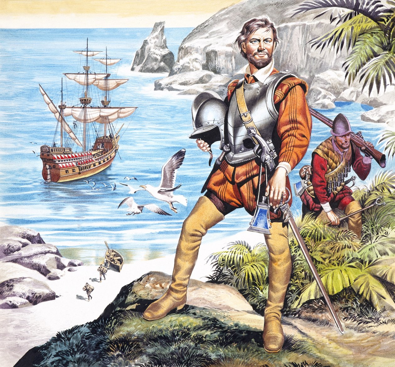 Francis Drake y la cierva dorada (gouache sobre papel) de Ron Embleton