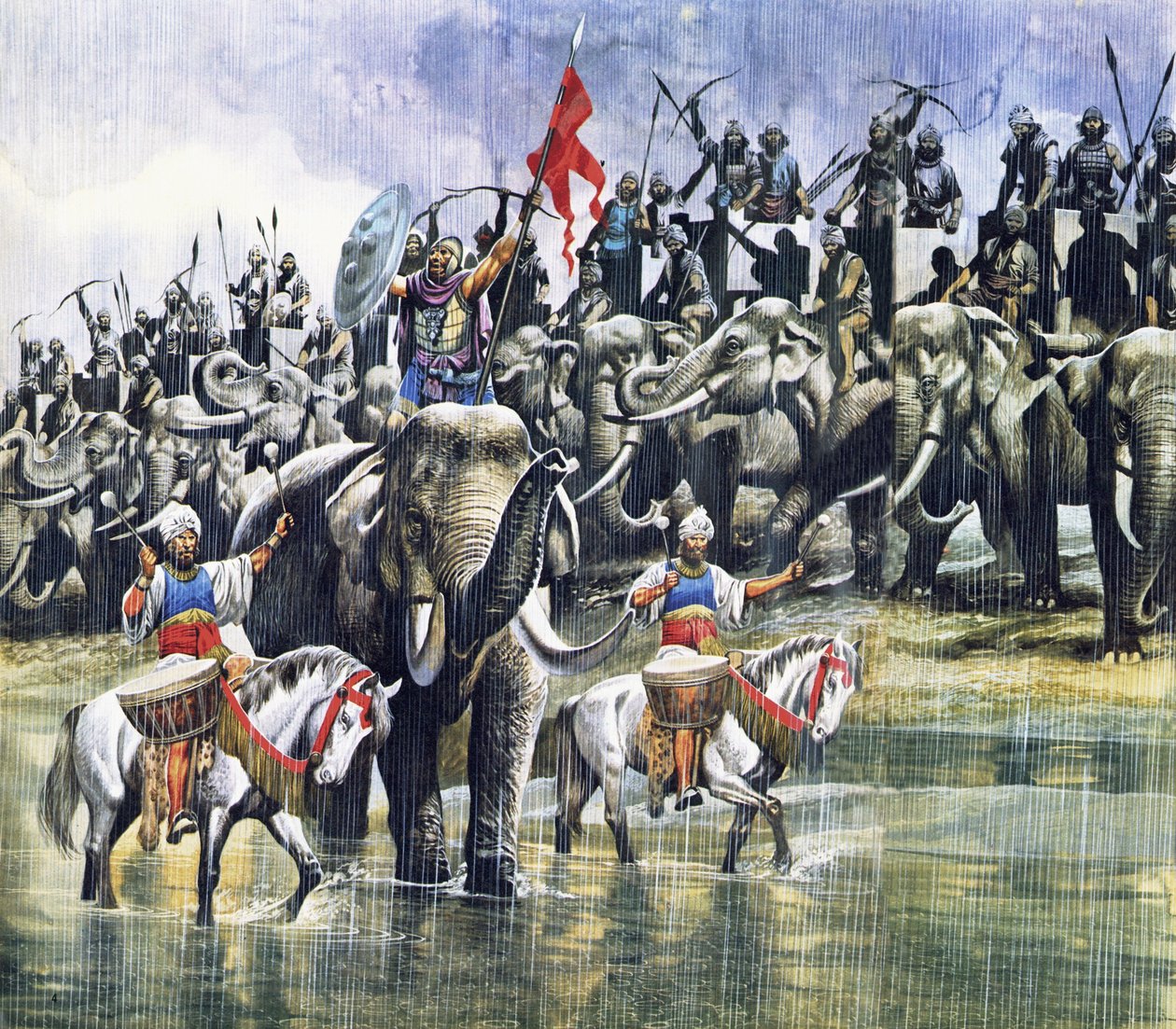 El ejército del rey Poro se enfrenta a Alejandro Magno bajo una lluvia torrencial de Ron Embleton