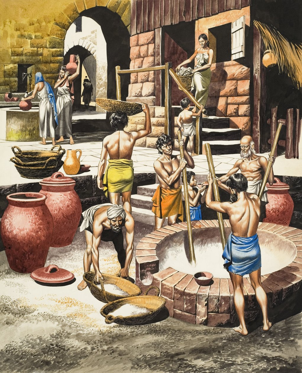 La vida en el valle del Indo entre 2500 a.C. y 1600 a.C. (gouache sobre papel) de Ron Embleton