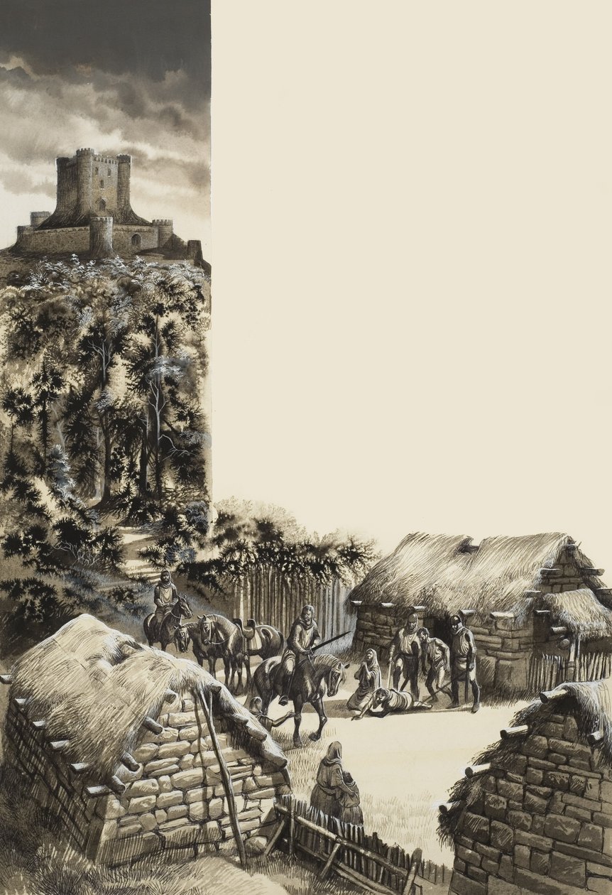 Aldea medieval (gouache sobre papel) de Ron Embleton