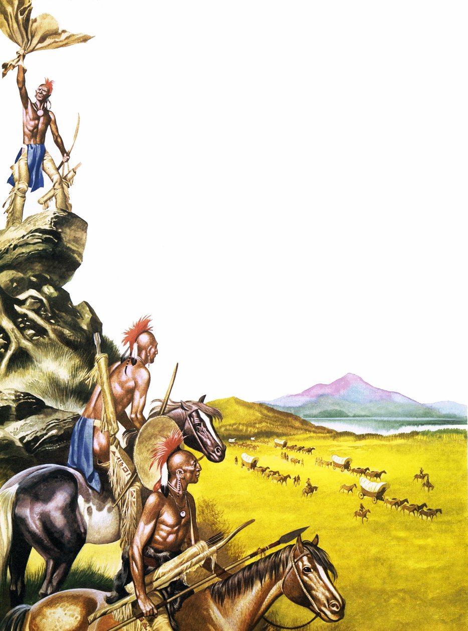 Indios rojos observando una caravana hacia el Oeste de Ron Embleton
