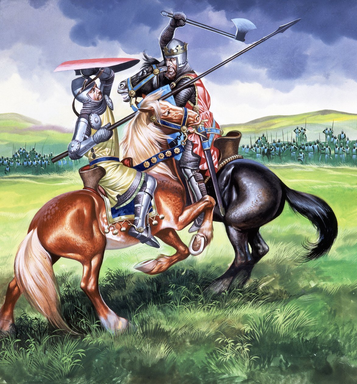 Robert the Bruce, rey de Escocia a punto de matar a Sir Henry de Bohum (gouache sobre papel) de Ron Embleton