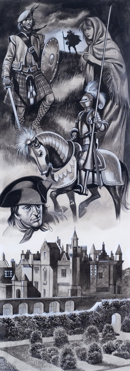 Castillo escocés y personalidades de la historia de Escocia (gouache sobre papel) de Ron Embleton