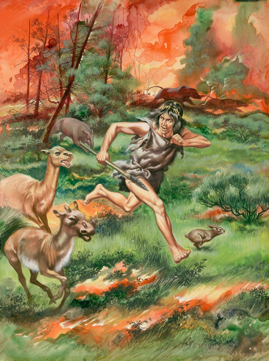 Hombre de la Edad de Piedra, huyendo del fuego junto con animales (gouache sobre papel) de Ron Embleton