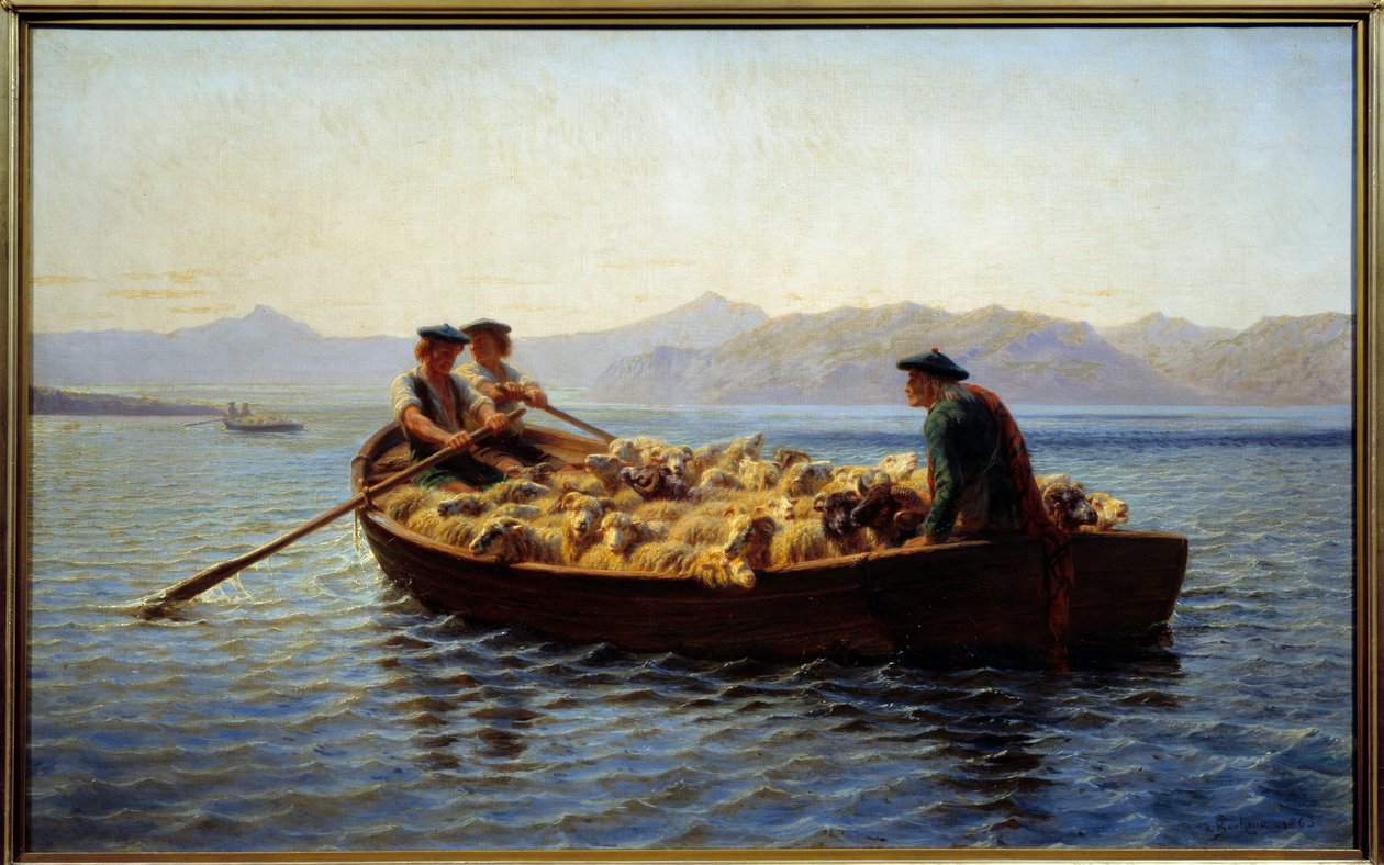 Cambio de pastoreo. Pastores embarcando el rebaño de ovejas para llevarlas a la otra orilla. Pintura de Rosa Bonheur (1822-1899) de Rosa Bonheur