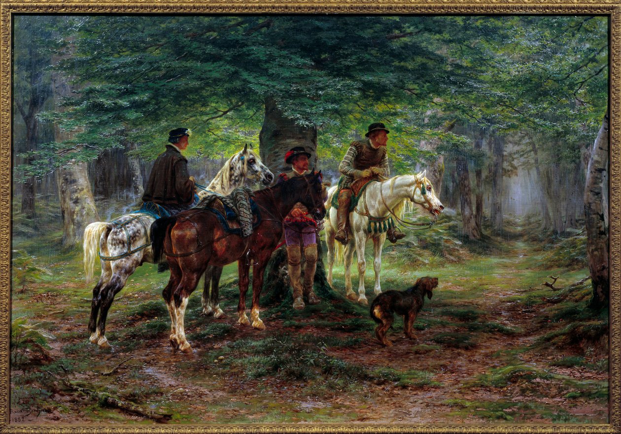 Jinetes sorprendidos por la lluvia (siglo XVII). En un bosque, hombres a caballo se refugian bajo un árbol esperando que deje de llover de Rosa Bonheur