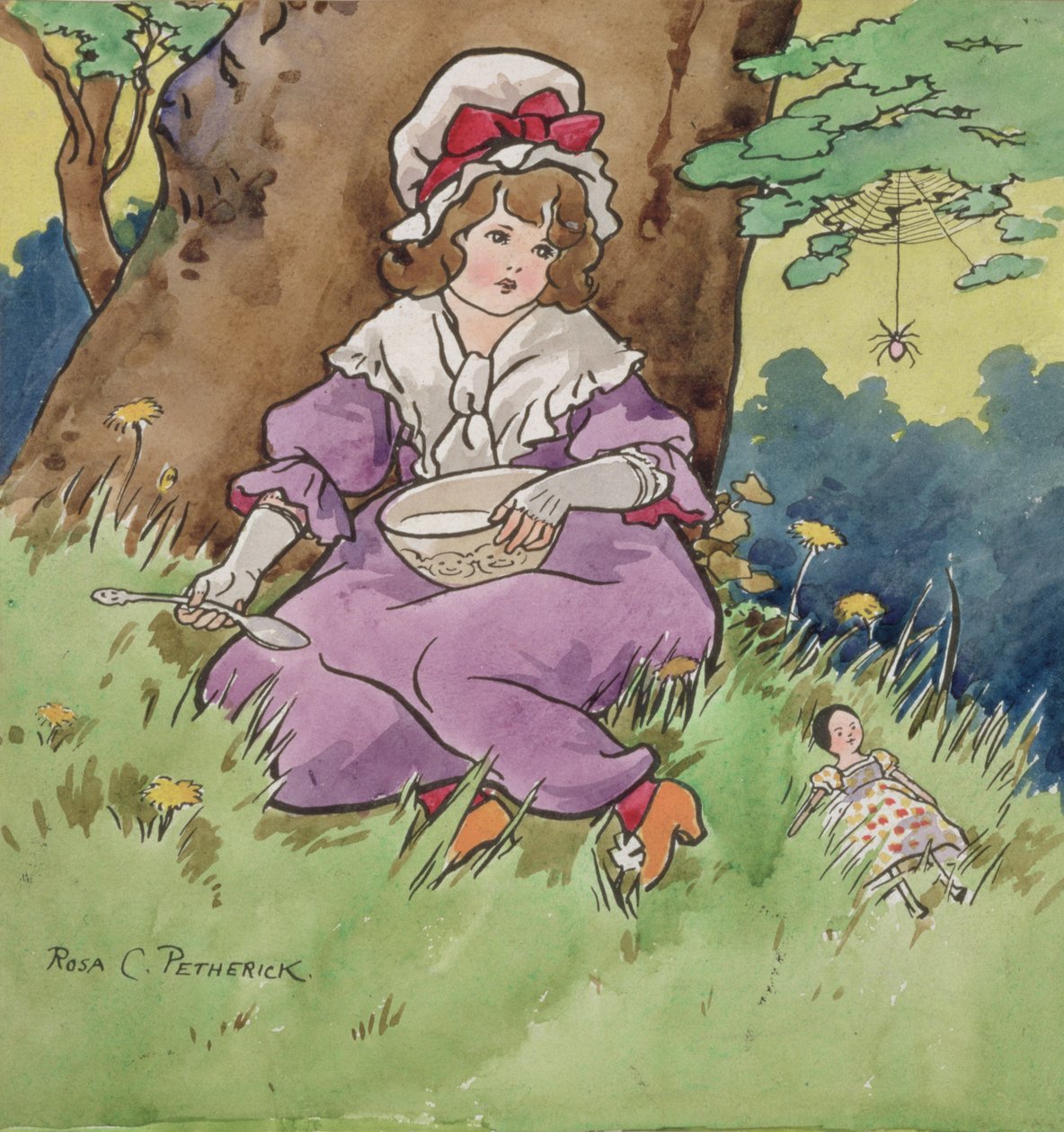 Little Miss Muffet (acuarela sobre lápiz sobre tabla de dibujo) de Rosa Petherick