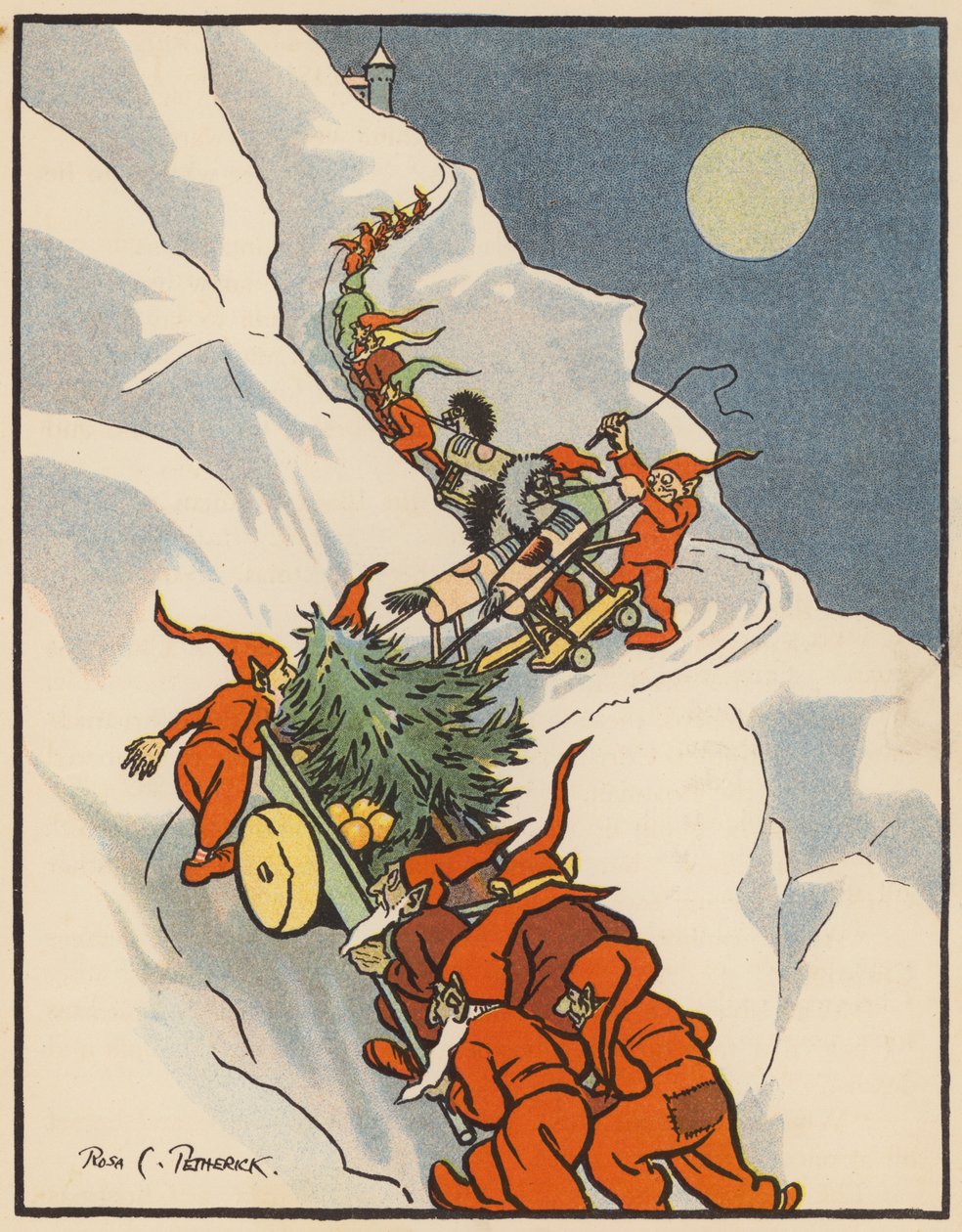 Los gnomos Redcap entregando el árbol de Navidad (litografía en color) de Rosa Petherick