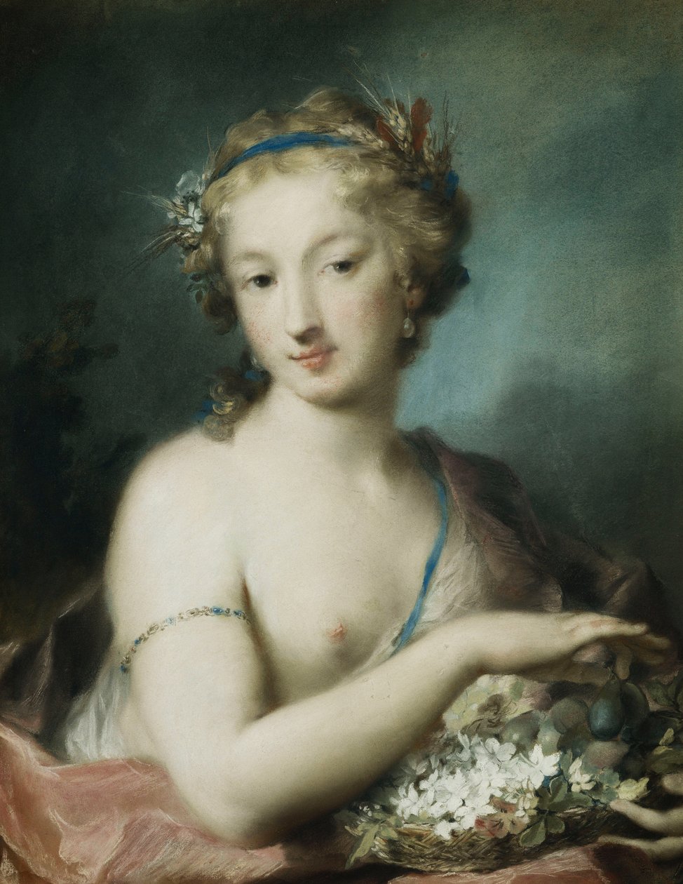 Flora, medio cuerpo, sosteniendo ciruelas de Rosalba Giovanna Carriera