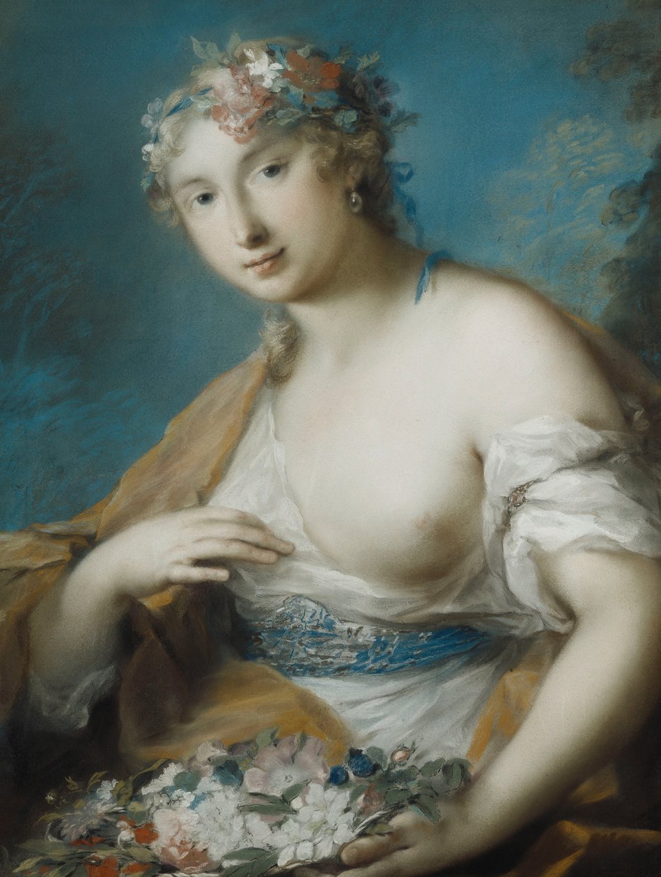 Flora, medio cuerpo, sosteniendo una cesta de flores de Rosalba Giovanna Carriera