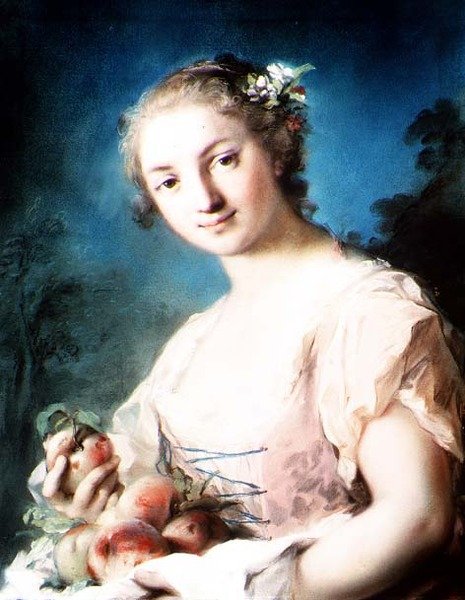 Verano: una niña sosteniendo duraznos de Rosalba Giovanna Carriera