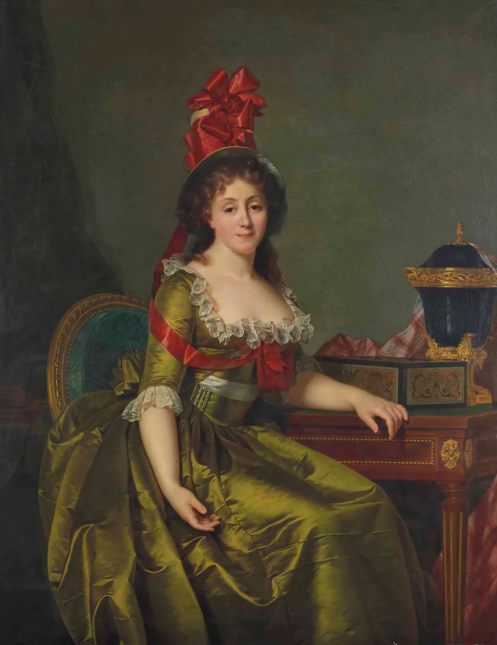 Retrato de una dama, con un vestido de satén verde y un sombrero con cintas rojas de Rose Adelaide Ducreux