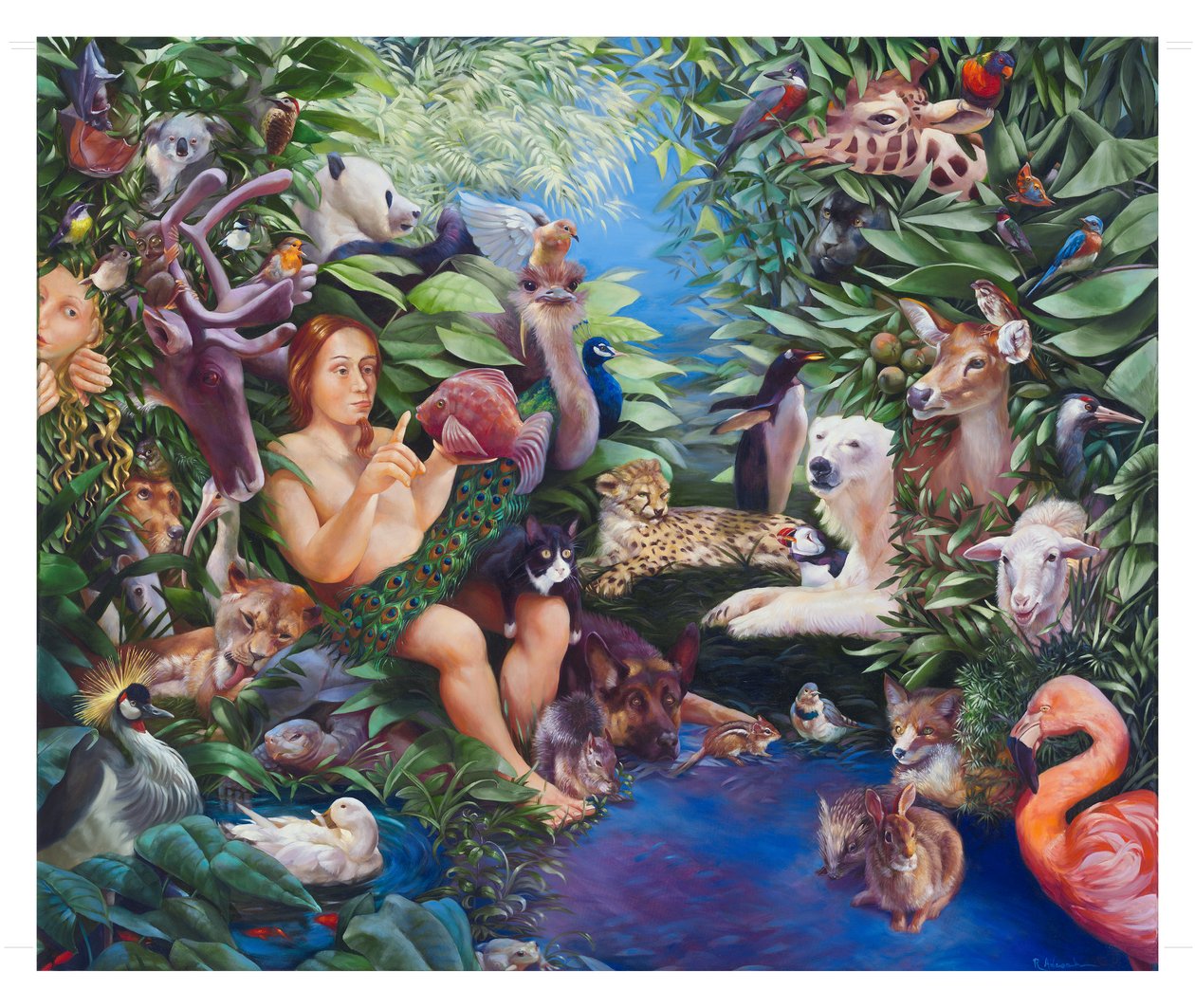 Adán nombrando a los animales y la aparición de Eva, 2011 (óleo sobre lienzo) de Rosemarie Adcock