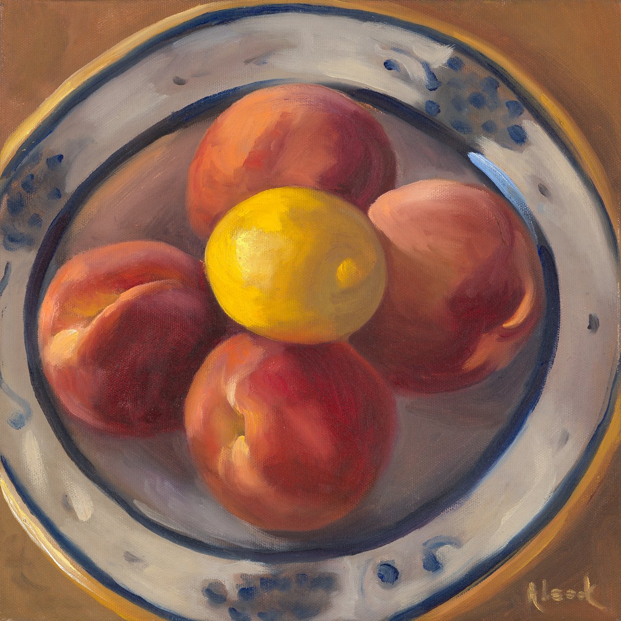 Melocotones y limón, 2016 (óleo sobre lienzo) de Rosemarie Adcock