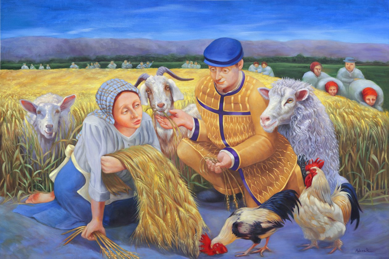 Ruth y la cosecha de cebada, 2014 (óleo sobre lienzo) de Rosemarie Adcock