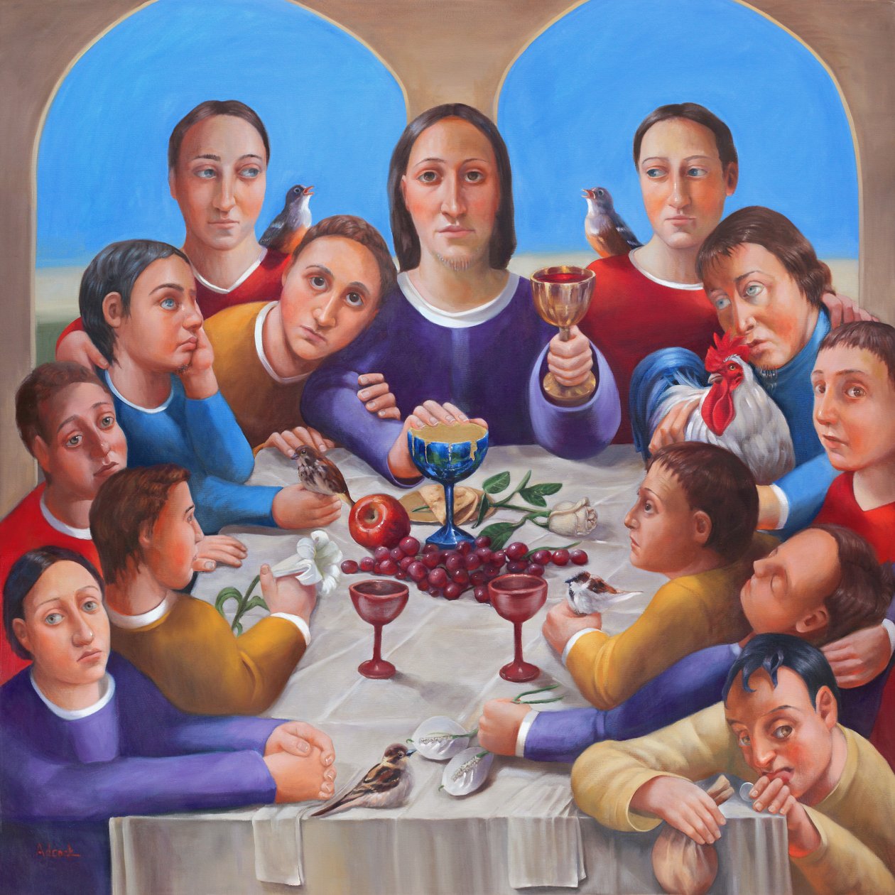 La última cena, 2018 (óleo y pan de oro sobre lienzo) de Rosemarie Adcock