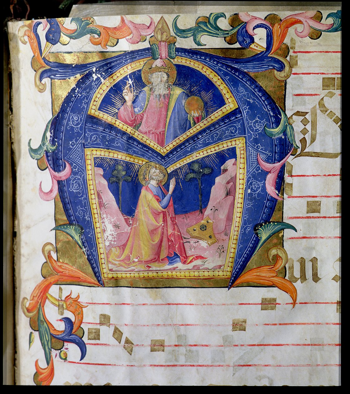 Corale / Graduale no.5 Inicial Historiada "A" que representa al Rey David y Dios el Padre de Rossello Franchi