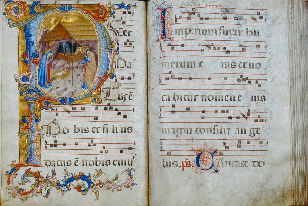Libro de coro "D," exhibido en la Catedral de Santo Stefano: una inicial historiada que representa la Natividad, c.1429-35 de Rossello di Jacopo Franchi