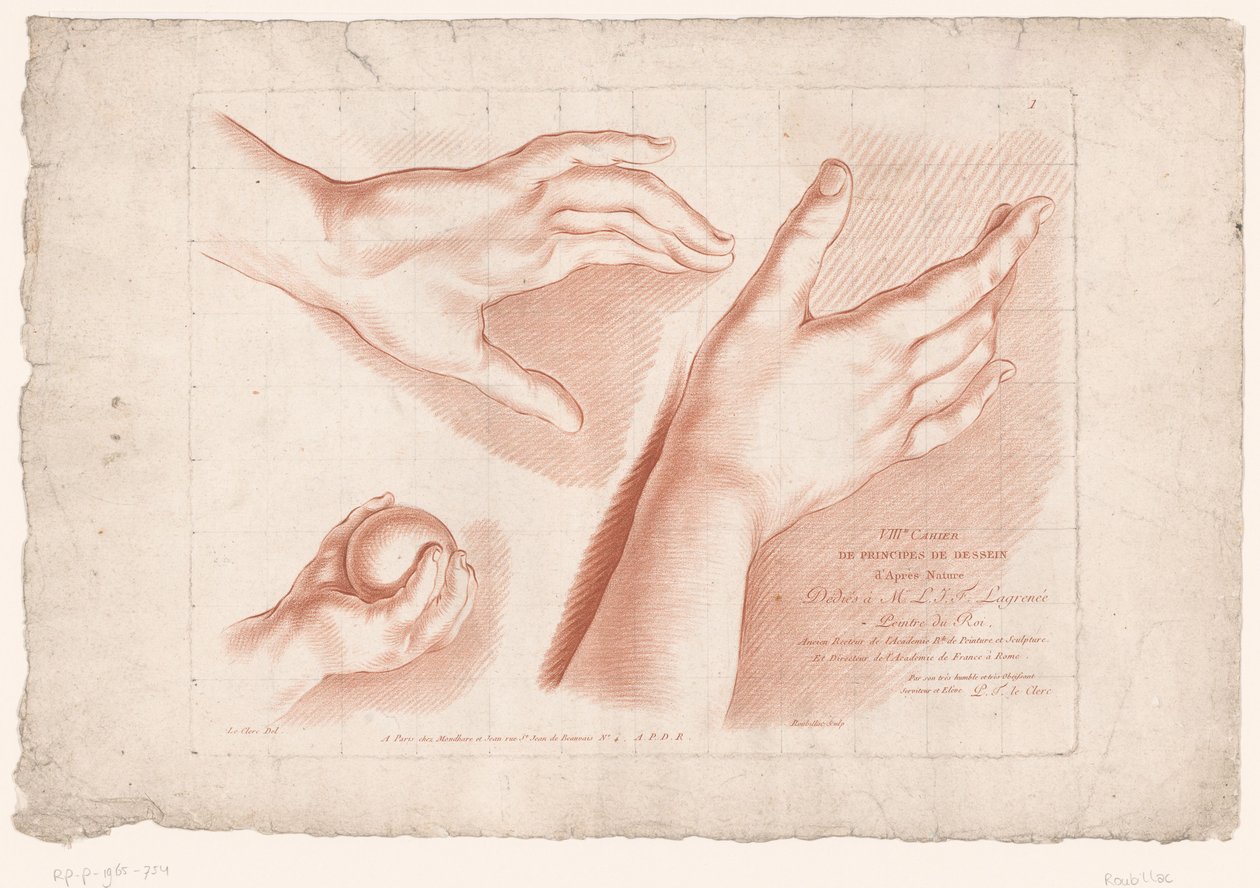 Imagen del título con tres manos. Principios del dibujo de la naturaleza, octava parte (título de la serie) VIIIe Cahier de Principes du Design d