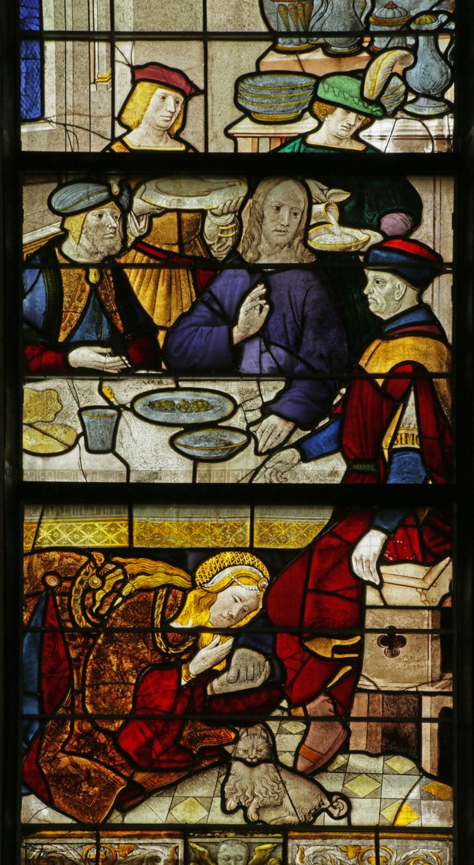 Vidriera que representa a Santa María Magdalena lavando los pies de Cristo, 1500-10 de Rouen School