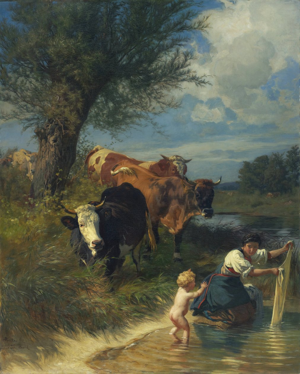 Vacas y lavandera en el arroyo de Rudolf Koller