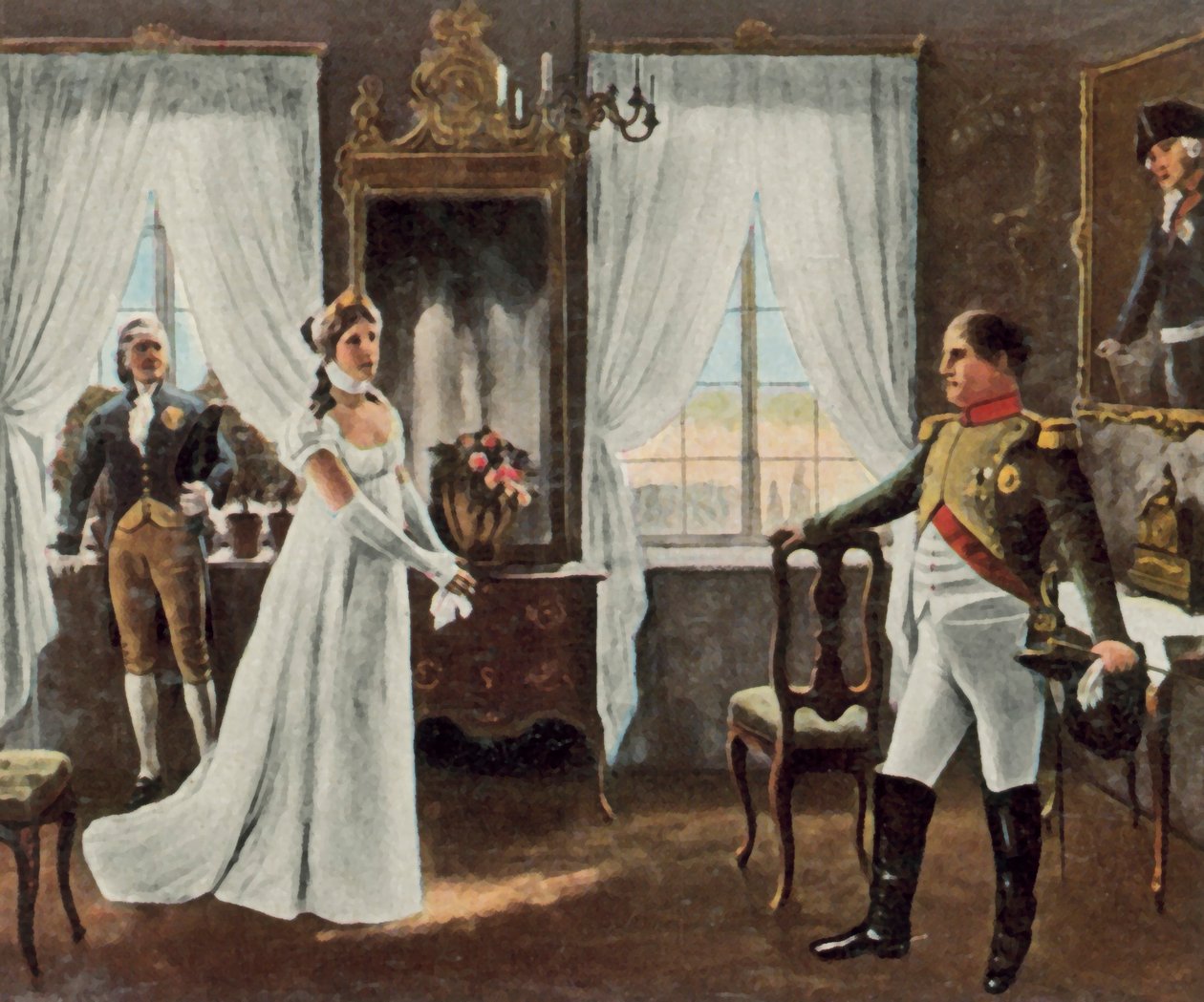 Encuentro de la reina Luisa con Napoleón I en Tilsit, 6 de julio de 1807 (litografía en color realzada) de Rudolf Eichstaedt
