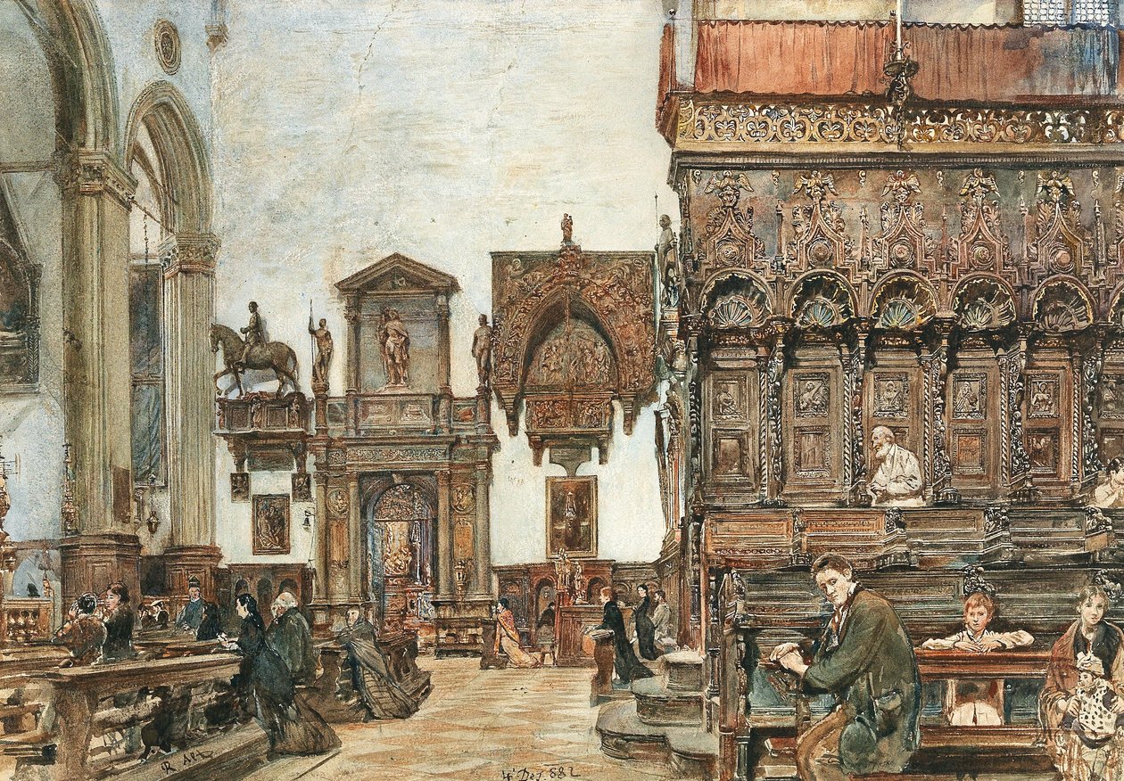El interior de la Basílica de Santa Maria Gloriosa dei Frari en Venecia con oraciones en la sillería del coro de Rudolf von Alt
