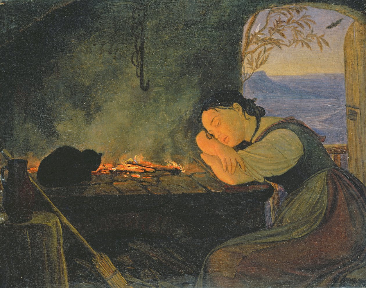 Niña durmiendo junto al fuego, 1843 de Rudolph Friedrich Wasmann