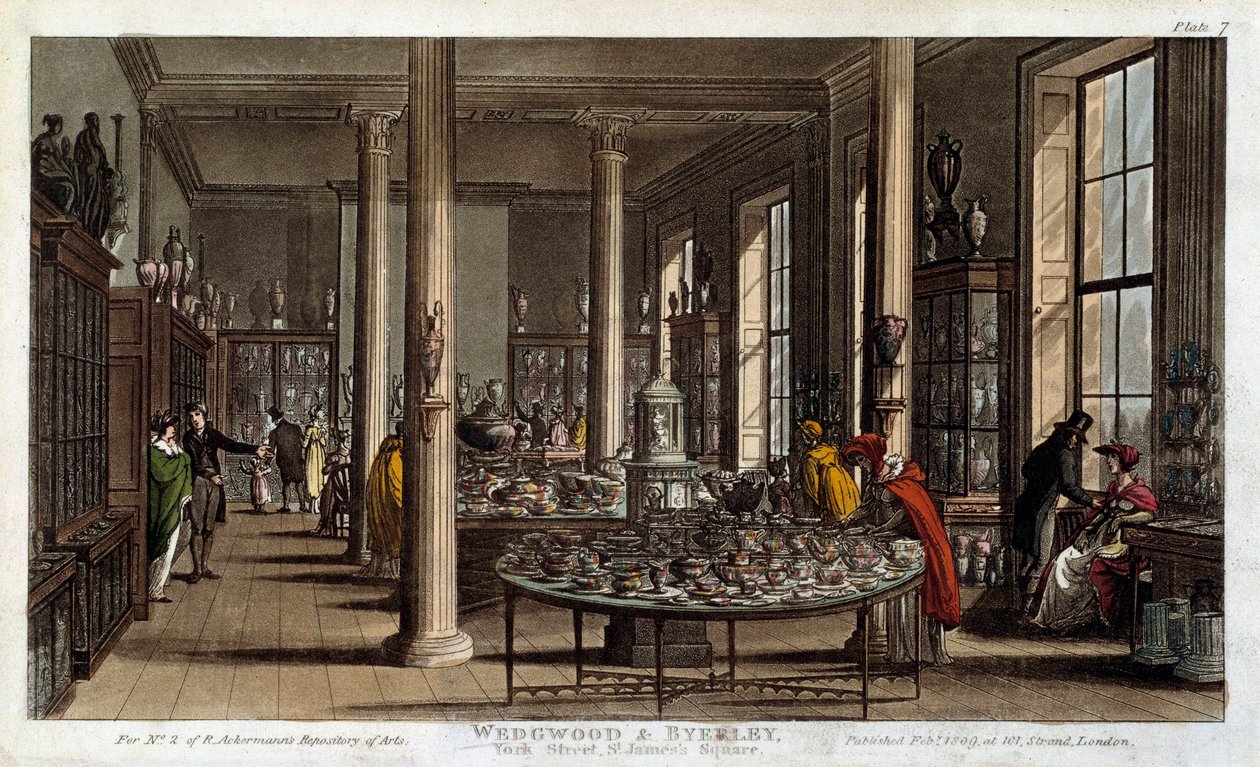 Vista interior de una tienda de porcelana Wedgwood en Londres de Rudolph Ackermann