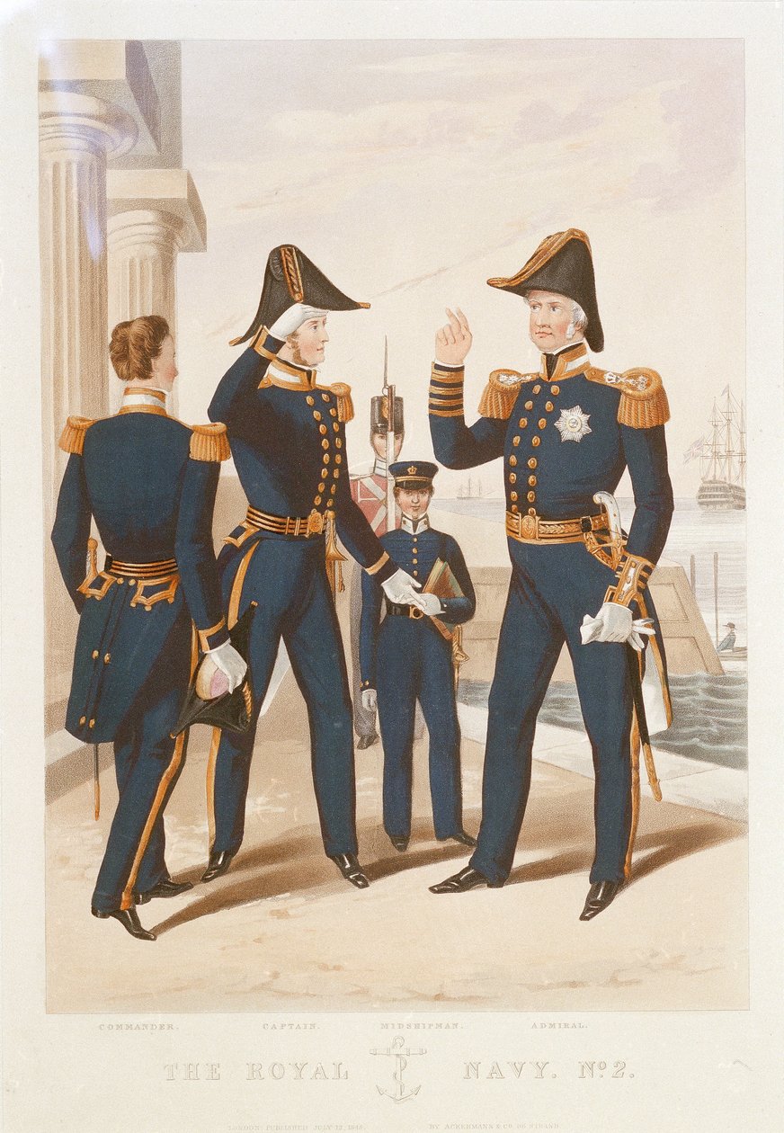 The Royal Navy. No 2. Comandante. Capitán. Guardiamarina. Almirante". de Rudolph Ackermann