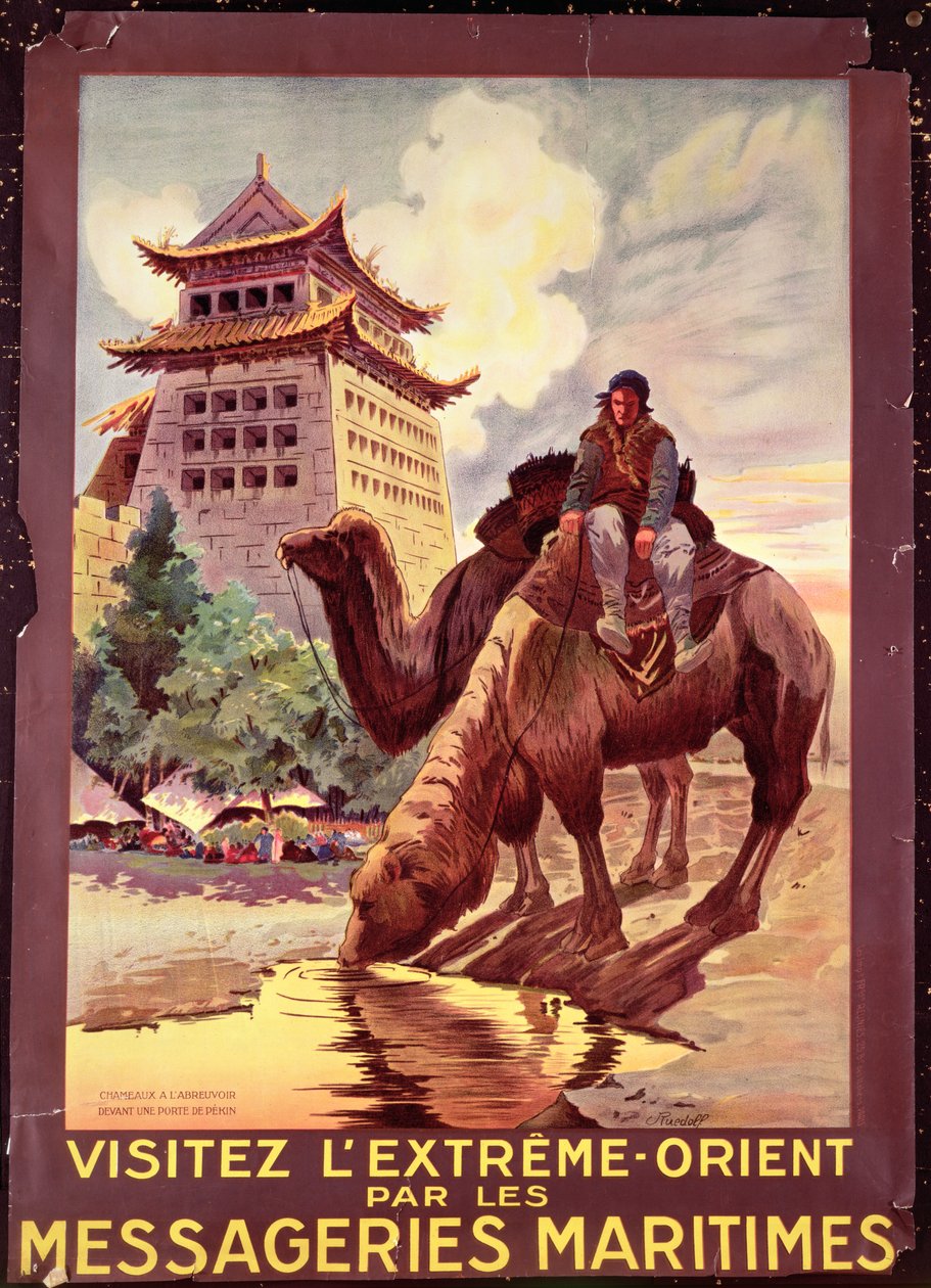 Camellos bebiendo agua frente a las Puertas de Pekín, cartel publicitario de 