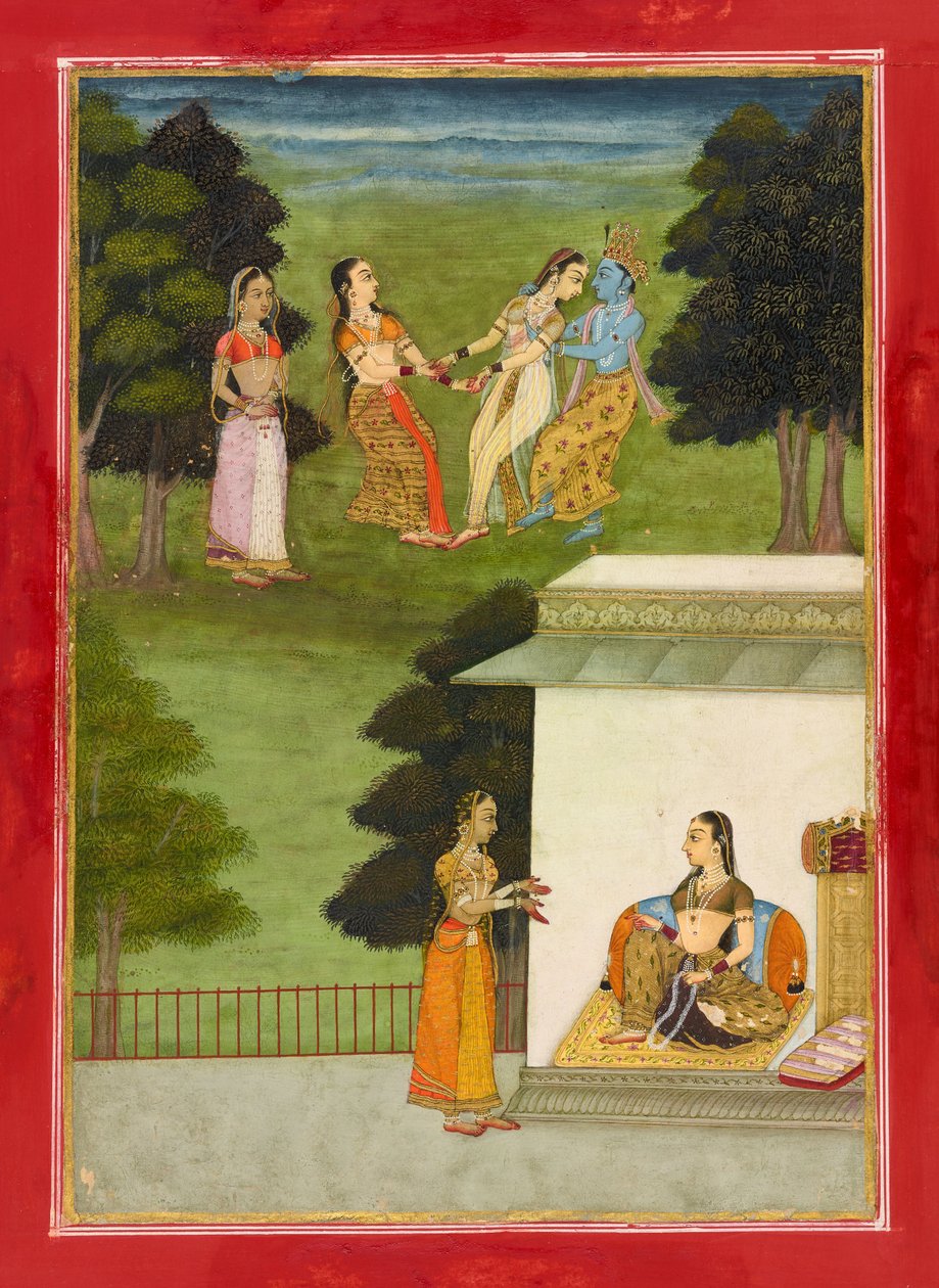 Krishna jugando con las gopis, folio de un "Rasikpriya", fechado en 1686 (acuarela opaca y oro sobre papel) de Ruknuddin Ruknuddin