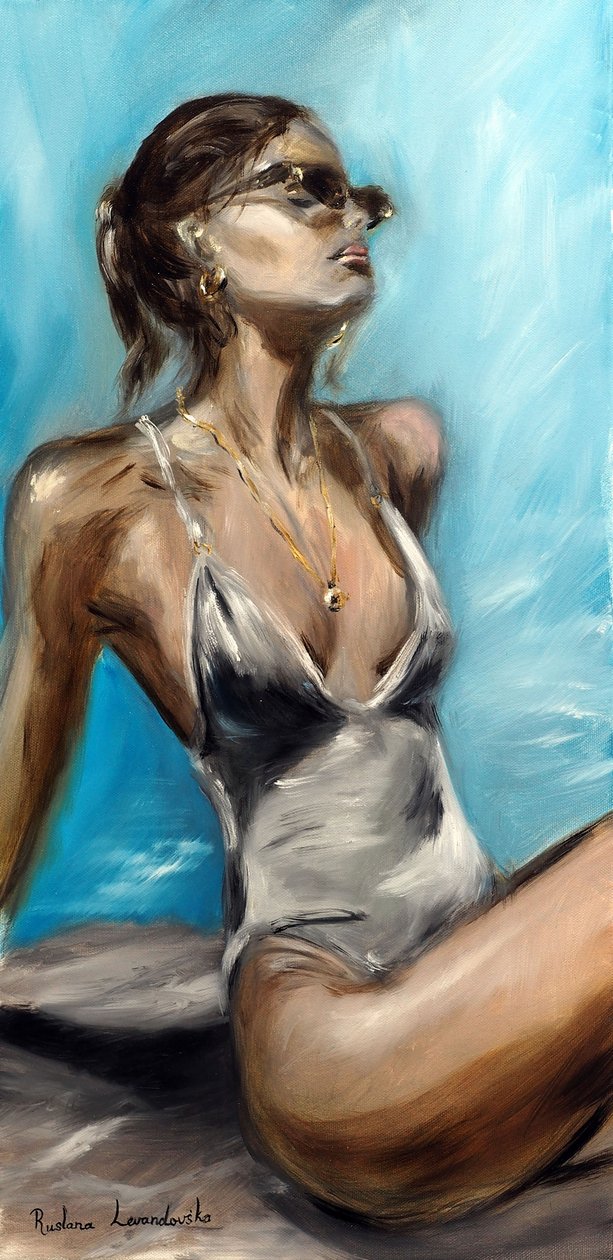 Junto a la piscina, 2022 (óleo sobre lienzo) de Ruslana Levandovska