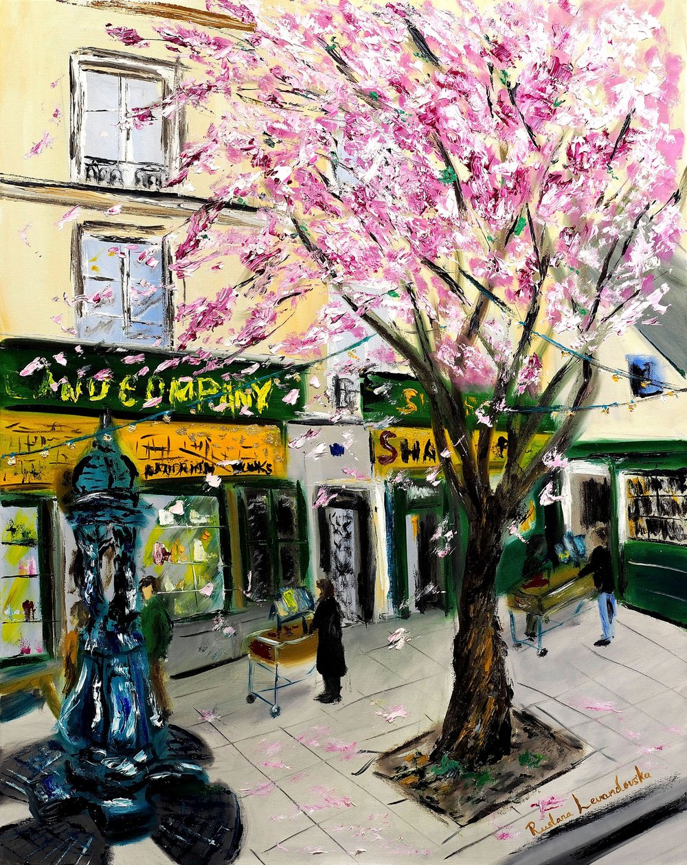 Cerezos en flor en Shakespeare and Co París - con adornos dorados, 2023 (óleo sobre lienzo) de Ruslana Levandovska