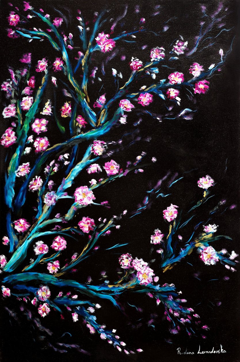Cerezos en flor en negro, 2024 (óleo sobre lienzo) de Ruslana Levandovska