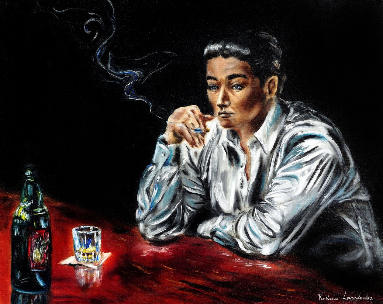 Misterio en el bar, 2024 (óleo sobre lienzo) de Ruslana Levandovska