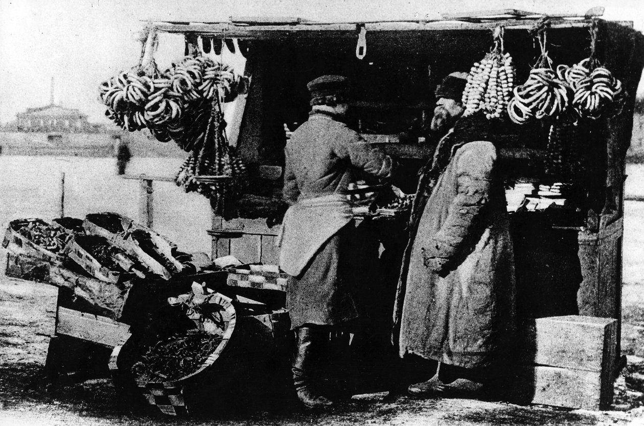 Puesto de comida y productos, San Petersburgo, finales del siglo XIX de Russian Photographer