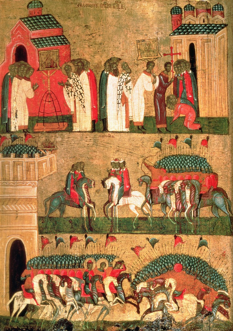 Batalla de los novgorodianos con los suzdalianos, Escuela de Novgorod, mediados del siglo XV de Russian School