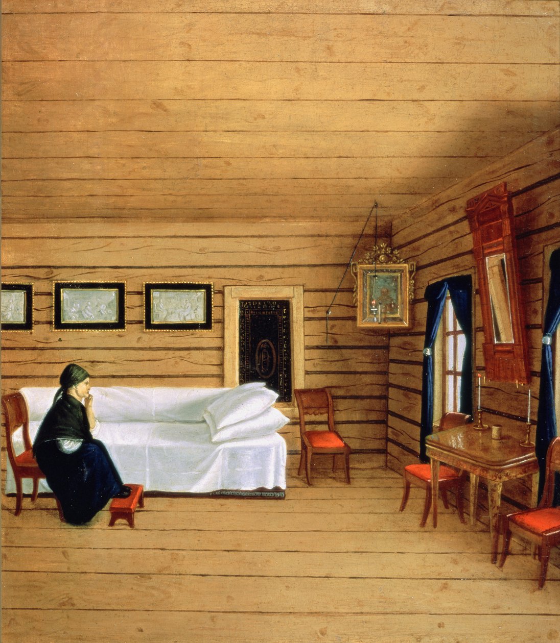 Interior con una mujer sentada de Russian School