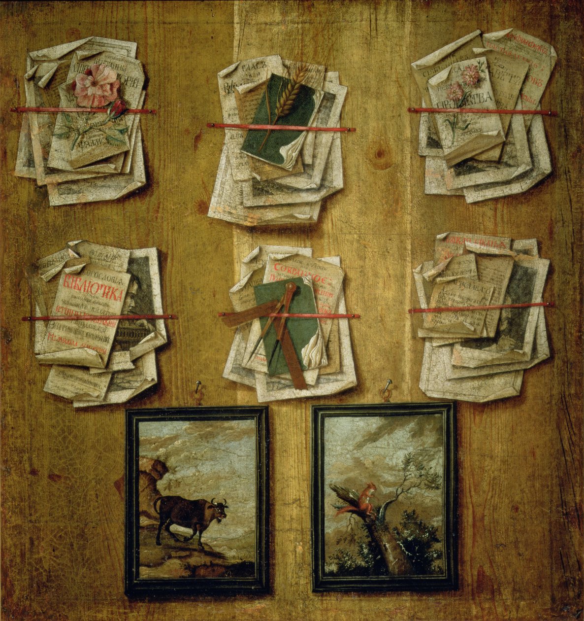 Naturaleza muerta con hojas de libros e imágenes, 1783 de Russian School