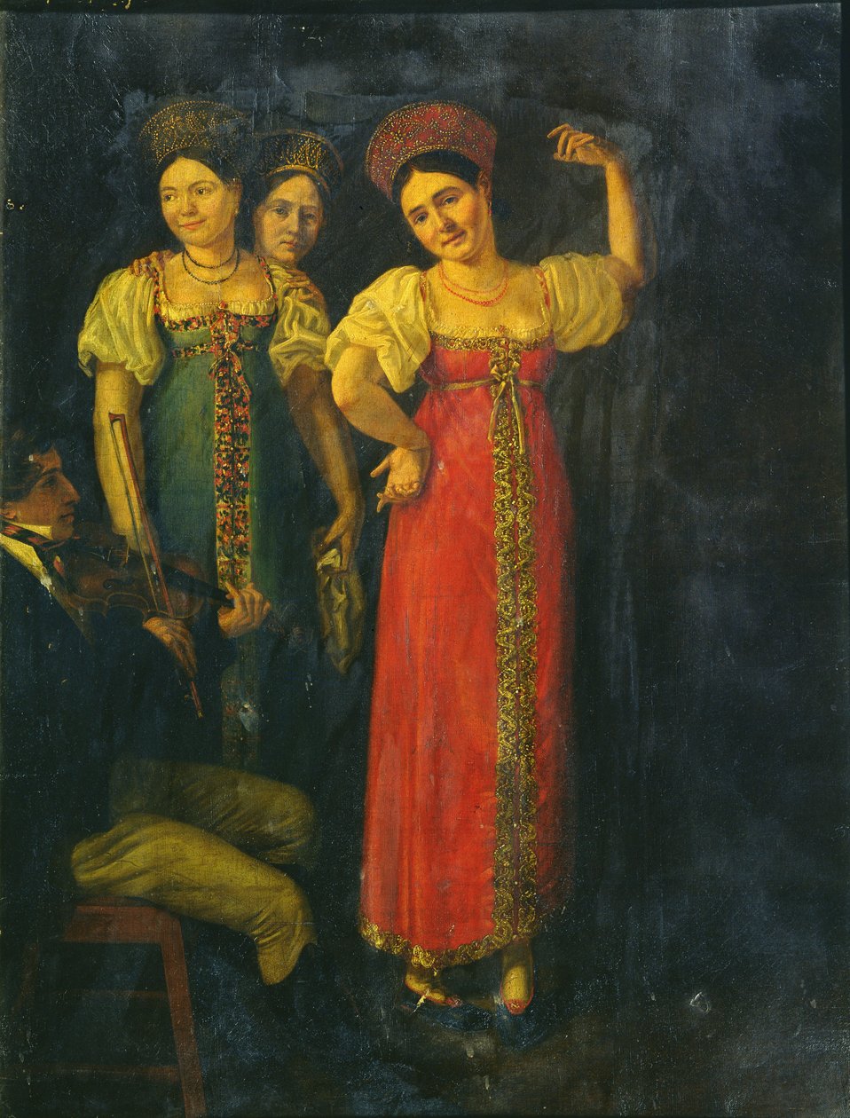 Violinista y tres mujeres bailando de Russian School