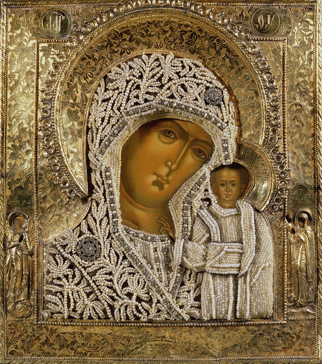 Detalle de un icono que muestra a la Virgen de Kazán por Yegor Petrov, Moscú, 1788 de Russian School